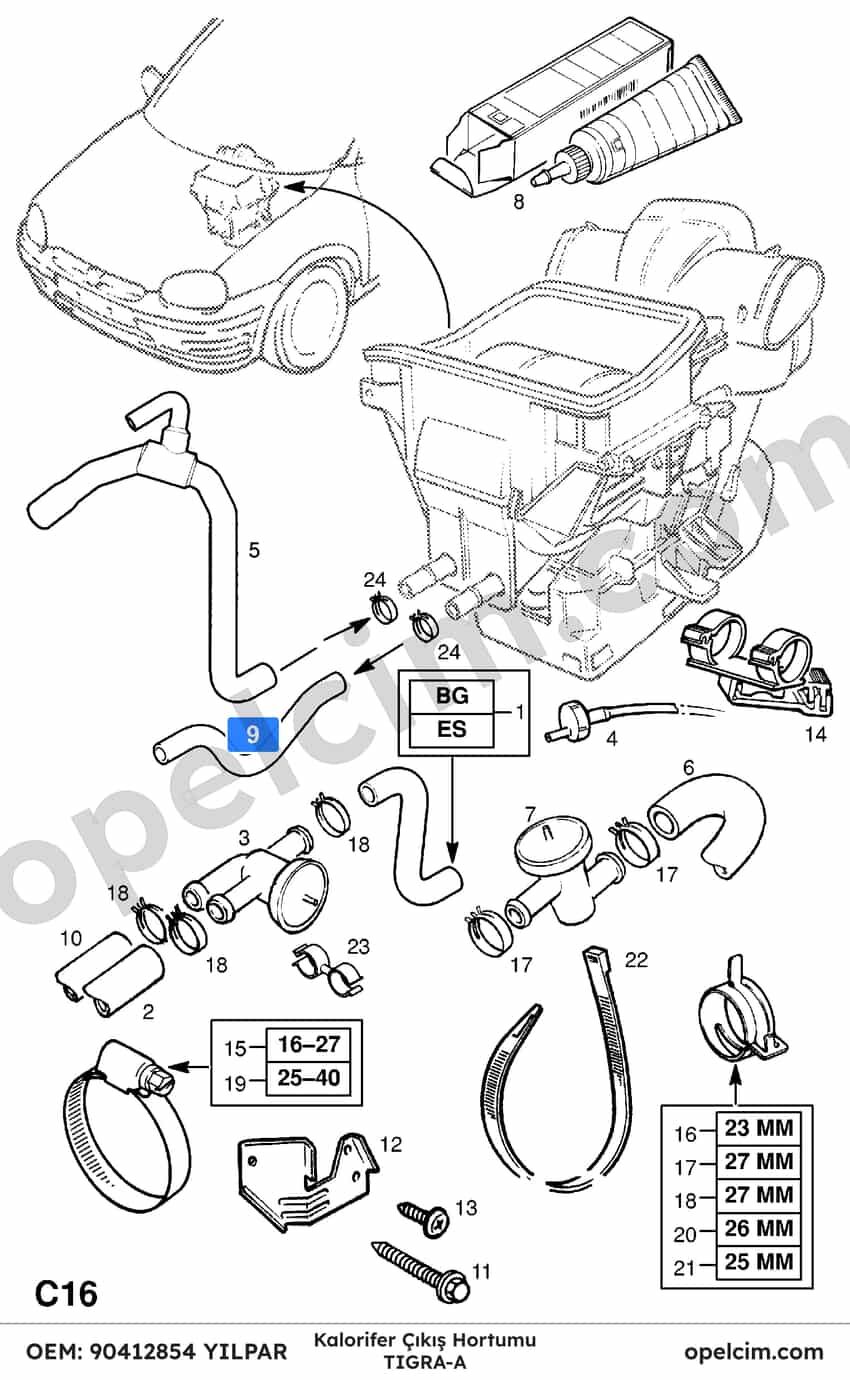 Opel Tigra A Kalorifer Çıkış Hortumu YILPAR 1818255