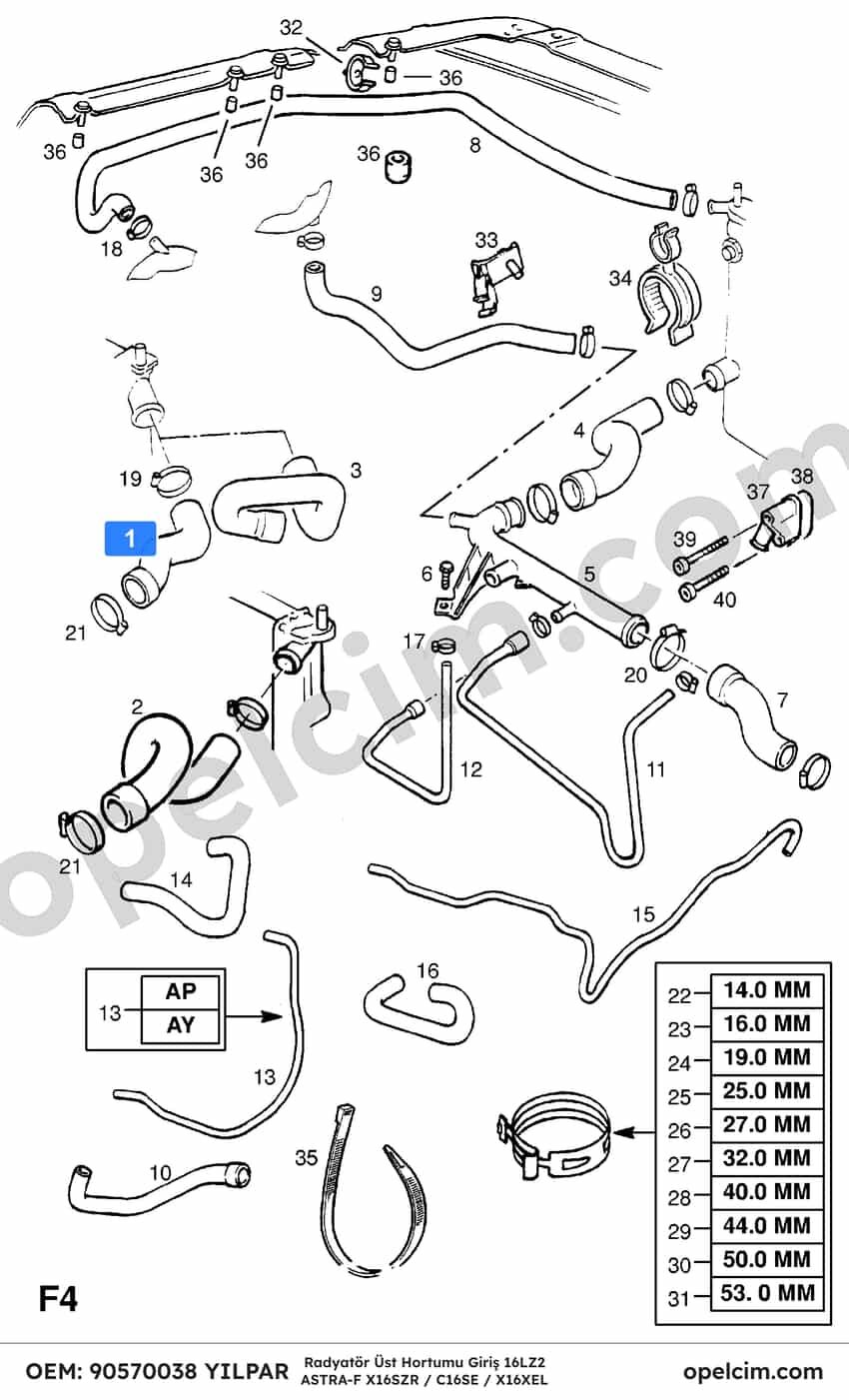 Opel Astra F Radyatör Üst Hortumu Giriş (X16XEL C16SE X16SZR) YILPAR 1337388